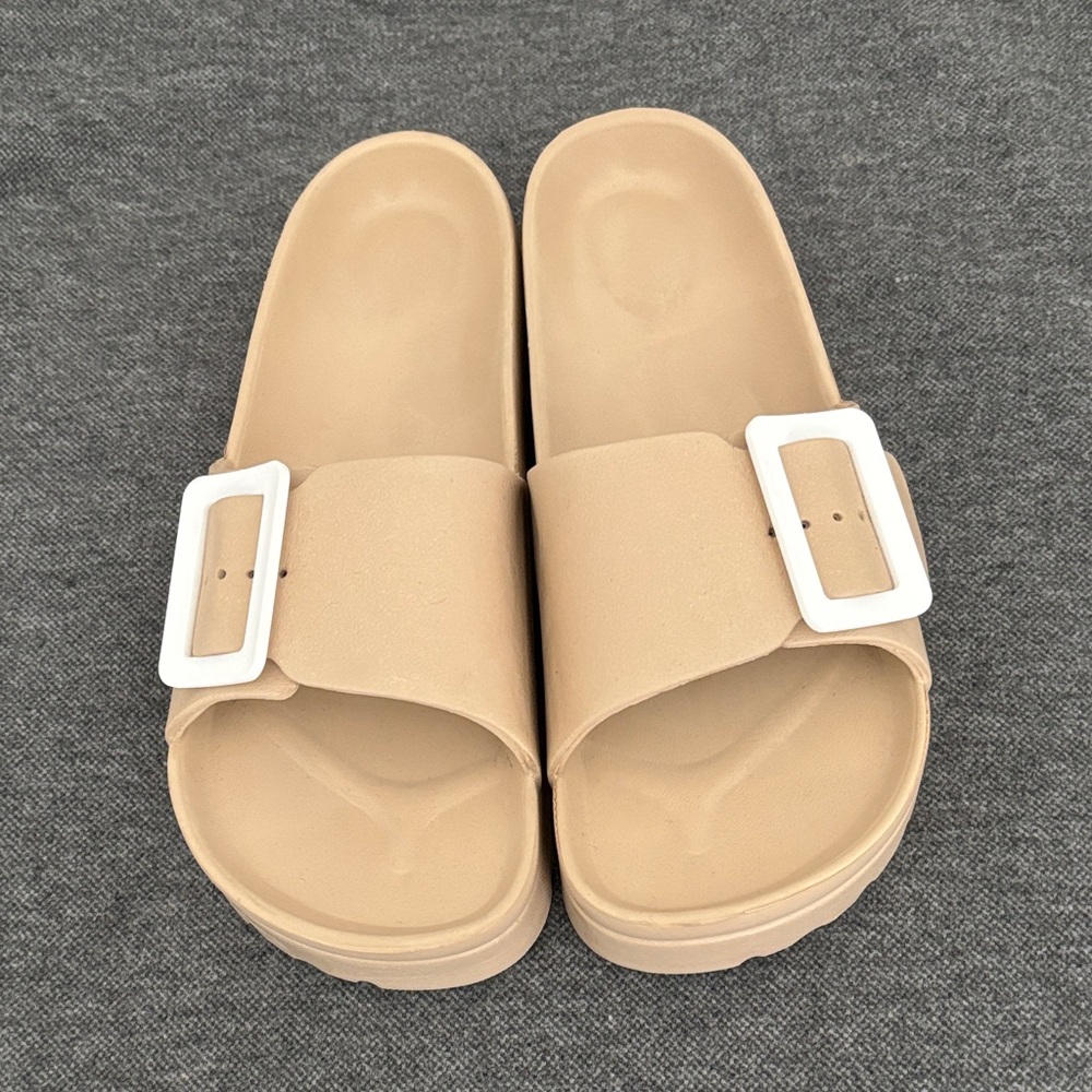 Tan Slide Sandals with White Buckle NWOT
